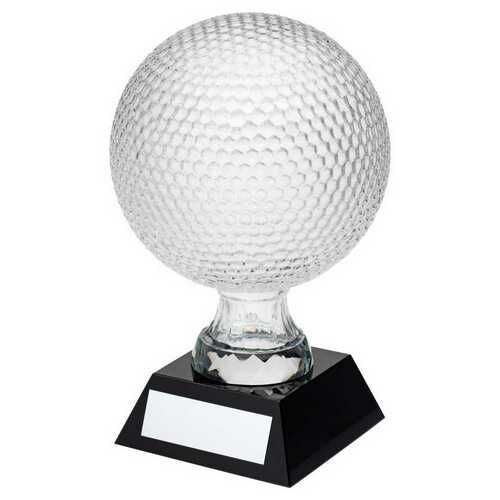 Clear Glass Golf Ball On Black Base With Plate -  6.5" Thumbnail