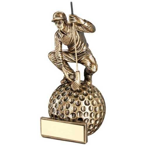 Bronze/Gold 'Crouching' Golfer On Ball Base With Plate - 6.75" Thumbnail