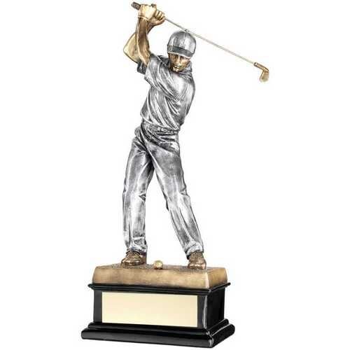 Bronze/Pew 'Back Swing' Golfer On Black Base With Plate - 14" Thumbnail