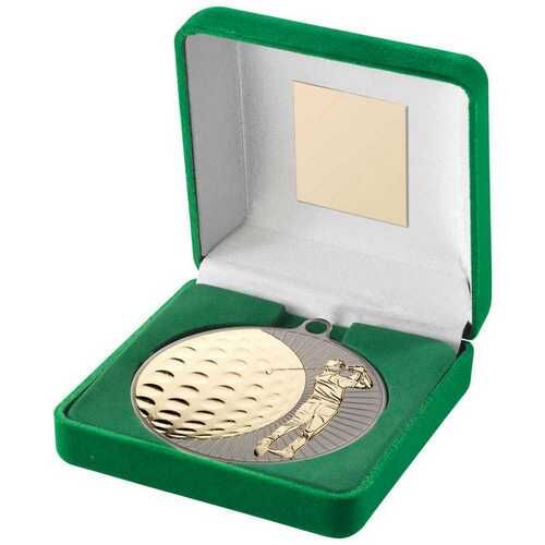 Green Velvet Box And 70Mm Golf Medal Trophy - Matt Silver/Gold 4" Thumbnail