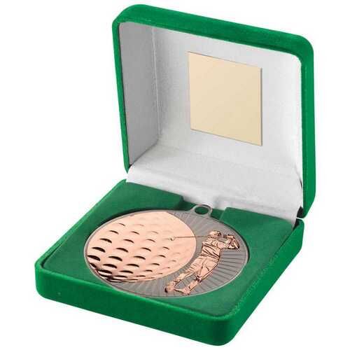 Green Velvet Box And 70Mm Golf Medal Trophy - Matt Silver/Bronze 4" Thumbnail