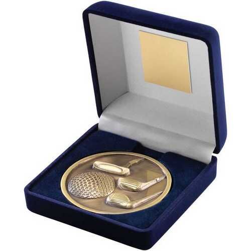 Blue Velvet Box And 70Mm Medallion Golf Trophy - Antique Gold 4" Thumbnail