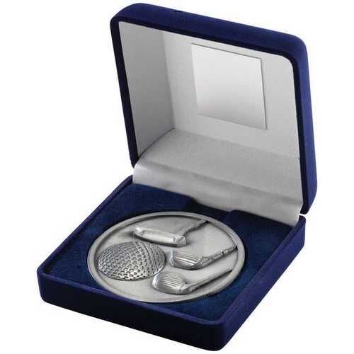 Blue Velvet Box And 70Mm Medallion Golf Trophy - Antique Silver 4" Thumbnail