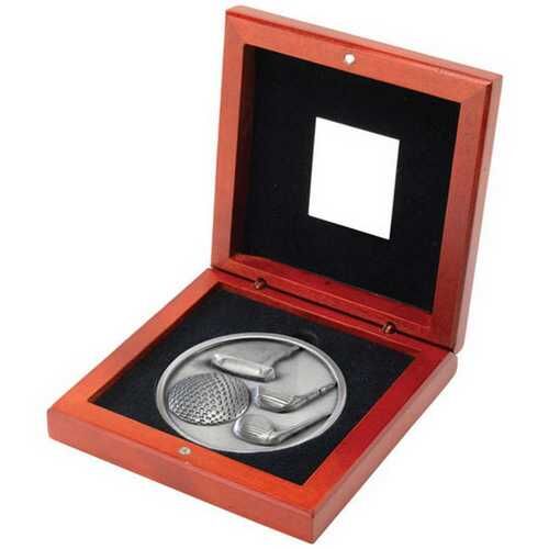 Rosewood Box And 70Mm Medallion Golf Trophy - Antique Silver 4.5" Thumbnail