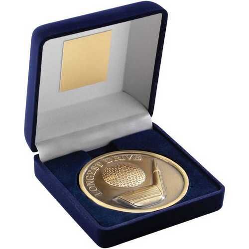 Blue Velvet Box And 70Mm Medallion Golf Trophy - Antique Gold Longest Drive 4" Thumbnail