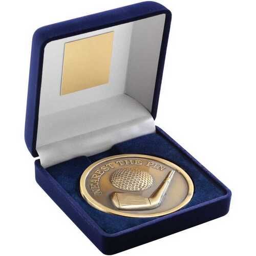 Blue Velvet Box And 70Mm Medallion Golf Trophy - Antique Gold Nearest The Pin 4" Thumbnail