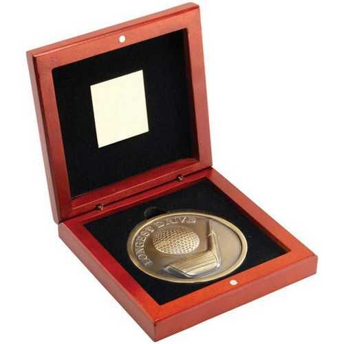 Rosewood Box And 70Mm Medallion Golf Trophy - Antique Gold Longest Drive 4.5" Thumbnail