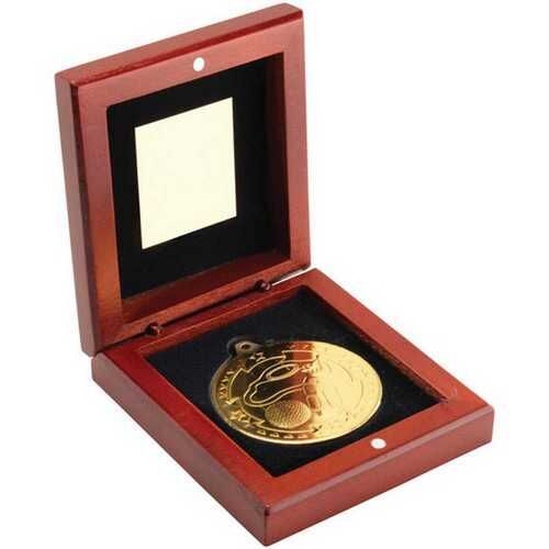 Rosewood Box And 50Mm Medal Golf Trophy - Gold 3.75" Thumbnail