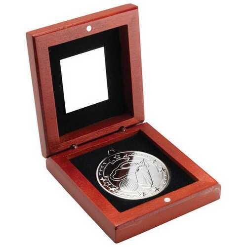 Rosewood Box And 50Mm Medal Golf Trophy - Silver 3.75" Thumbnail
