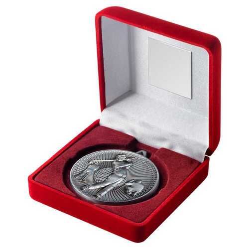 Red Velvet Box And 60Mm Medal Golf Trophy - Antique Silver - 4" Thumbnail