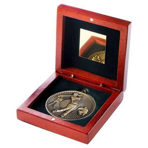 Rosewood Box And 60Mm Medal Golf Trophy - Antique Gold - 4.25" Thumbnail