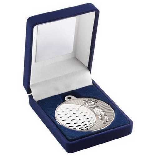 Blue Velvet Box And 50Mm Golf Medal Trophy - Matt Silver/Silver 3.5" Thumbnail