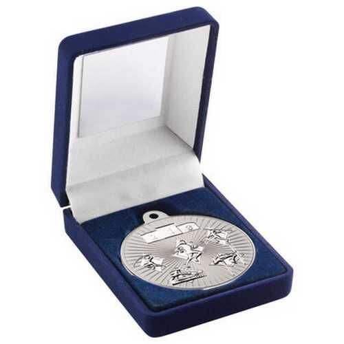 Blue Velvet Box And 50Mm Multi Athletics Medal Trophy - Matt Silver/Silver 3.5" Thumbnail