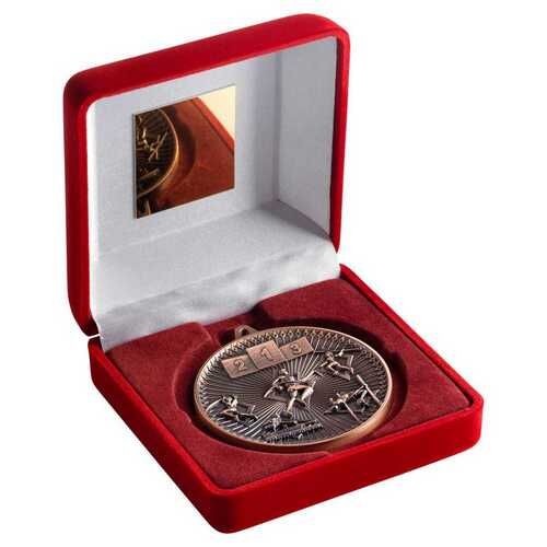Red Velvet Box And 60Mm Medal Athletics Trophy - Bronze - 4" Thumbnail