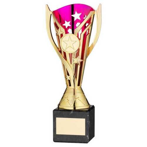 Gold/Purple Plastic 'Flash' Cup On Blk Marble Assembled Trophy - 10" Thumbnail
