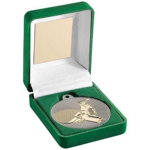 Green Velvet Box And 50Mm Table Tennis Medal Trophy - Matt Silver/Gold 3.5" Thumbnail