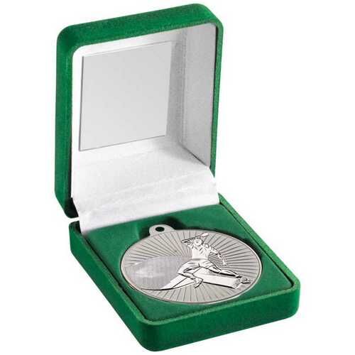 Green Velvet Box And 50Mm Table Tennis Medal Trophy - Matt Silver/Silver 3.5" Thumbnail