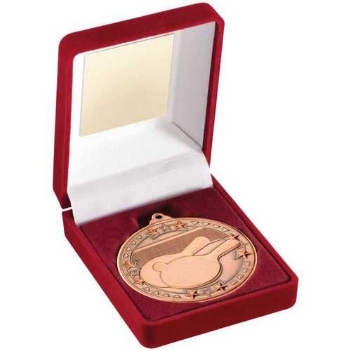 Red Velvet Box And 50Mm Medal Table Tennis Trophy - Bronze - 3.5" Thumbnail