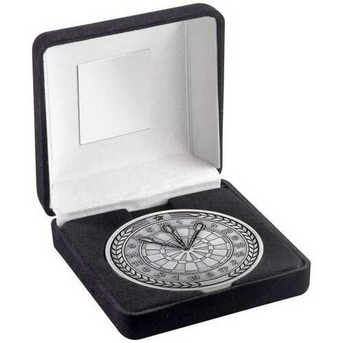 Black Velvet Box And 70Mm Medallion Darts Trophy - Antique Silver 4" Thumbnail