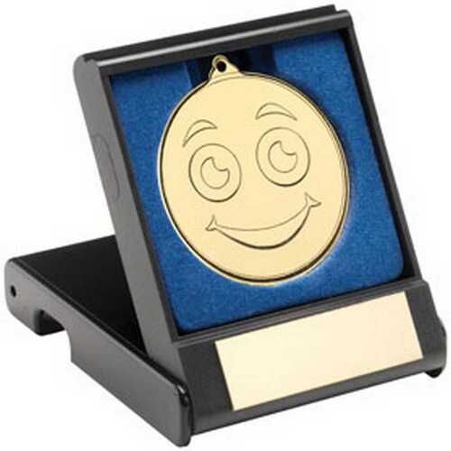Black Plastic Box With 50Mm Gold Smiley Face Medal Trophy - 3.5" Thumbnail