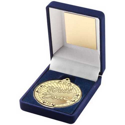 Blue Velvet Box And Gold 50Mm Medal Well Done Trophy - 3.5" Thumbnail