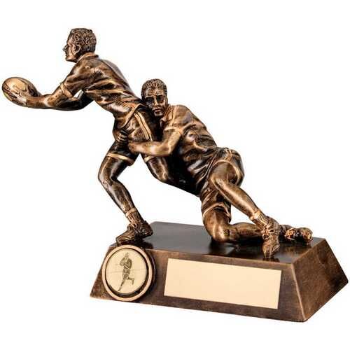 Bronze/Gold Double Rugby 'Tackle' Figure With Plate -  5.75" Thumbnail