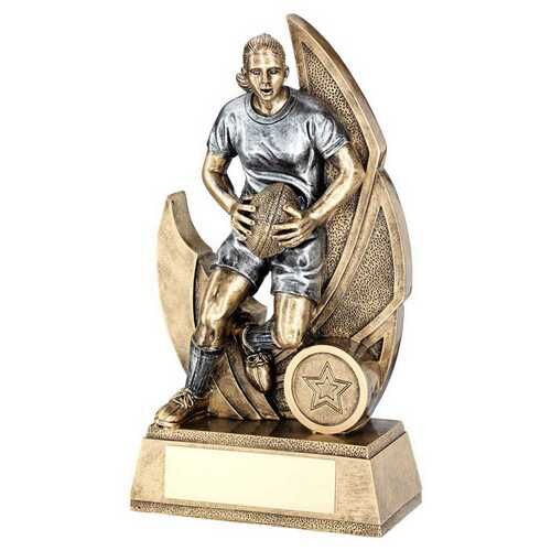 Bronze/Pew Female Rugby Figure On Backdrop With Plate  - 7.25" Thumbnail