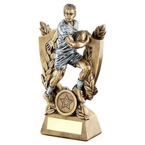 Bronze/Pew Male Rugby On Shield And Wreath With Plate  - 8" Thumbnail