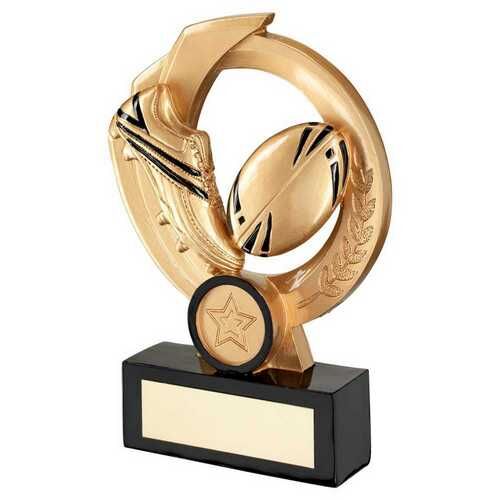 Gold/Black Rugby Ball And Boot On Round Wreath With Plate - 7.5" Thumbnail