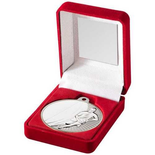 Red Velvet Box And 50Mm Rugby Medal Trophy - Matt Silver/Silver 3.5" Thumbnail
