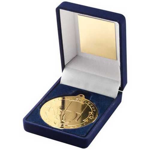 Blue Velvet Box And 50Mm Medal Rugby Trophy - Gold 3.5" Thumbnail