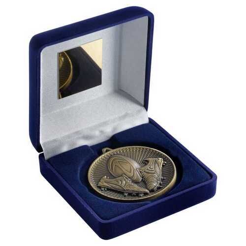 Blue Velvet Box And 60Mm Medal Rugby Trophy - Antique Gold - 4" Thumbnail