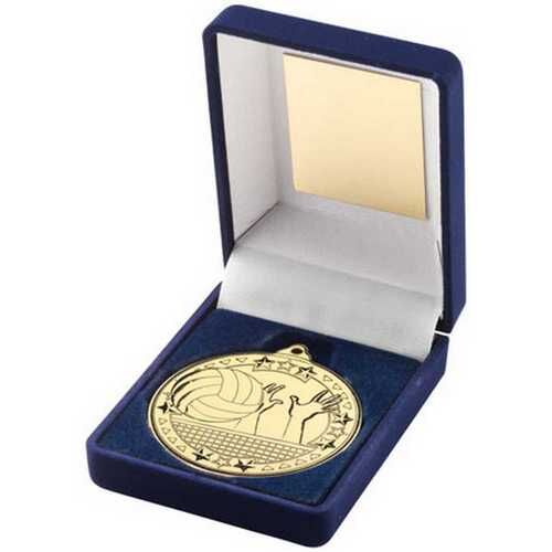 Blue Velvet Box And 50Mm Medal Volleyball Trophy - Gold 3.5" Thumbnail