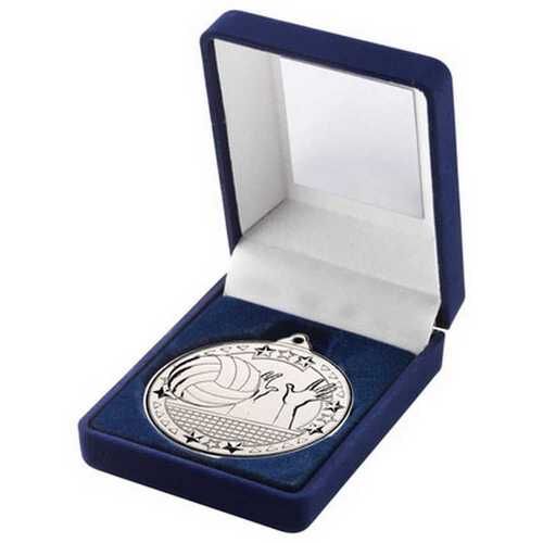 Blue Velvet Box And 50Mm Medal Volleyball Trophy - Silver 3.5" Thumbnail