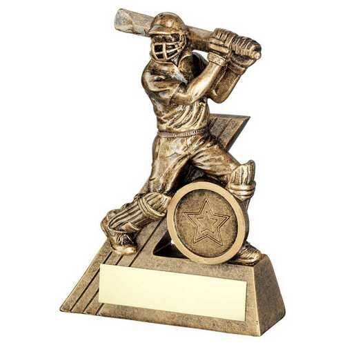 Bronze/Gold Mini Male Cricket Batsman Figure With Plate  - 4" Thumbnail