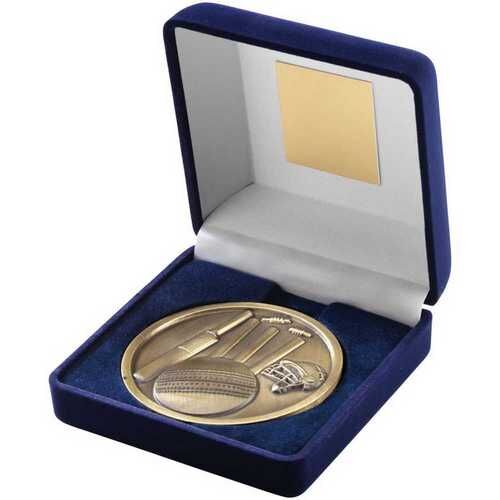 Blue Velvet Box And 70Mm Medallion Cricket Trophy - Antique Gold 4" Thumbnail