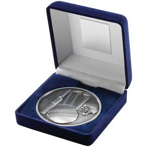 Blue Velvet Box And 70Mm Medallion Cricket Trophy - Antique Silver 4" Thumbnail