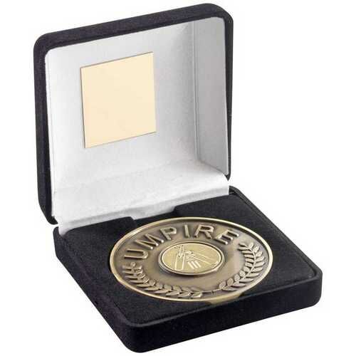 Black Velvet Box And 70Mm Umpire Medallion With Cricket insert - Ant Gold 4" Thumbnail