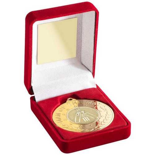 Red Velvet Box And 50Mm Medal With Cricket insert 'M.O.T.M' Trophy - Gold - 3.5" Thumbnail
