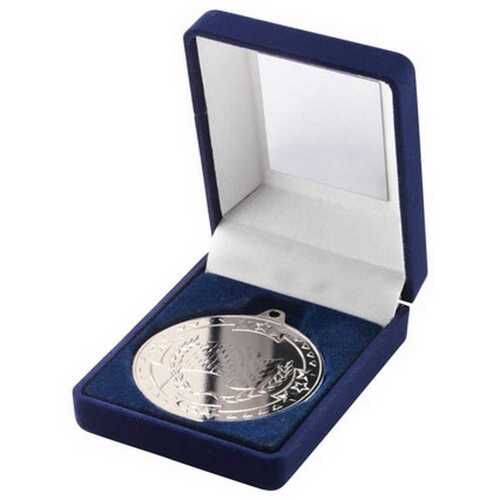 Blue Velvet Box And 50Mm Medal Motor Sport Trophy - Silver 3.5" Thumbnail