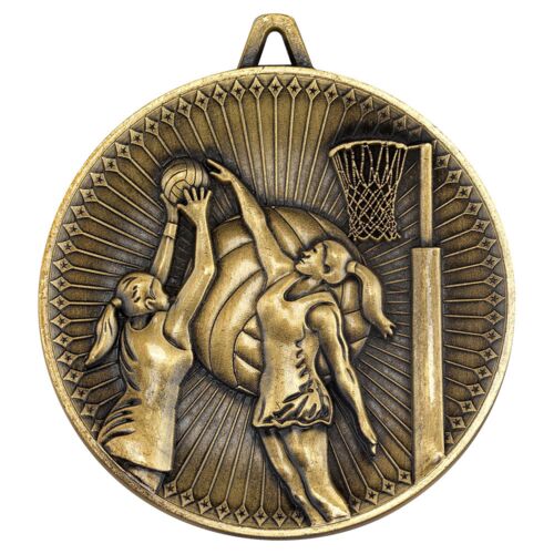 Netball Deluxe Medal - Antique Gold 2.35" Thumbnail