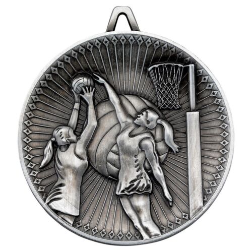 Netball Deluxe Medal - Antique Silver 2.35" Thumbnail