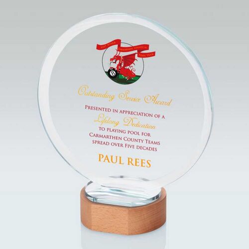 Clear Glass Circle On Light Wood Base - 8.75" Thumbnail