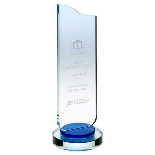 Clear Glass Plaque With Blue Collar On Round Base - 11.75" Thumbnail