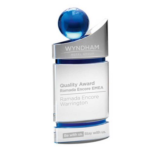 Clear/Blue Domed Glass Plaque With Blue Globe - 8.25" Thumbnail