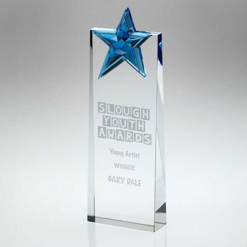 Clear Glass Wedge With Blue Glass Star - 9" Thumbnail