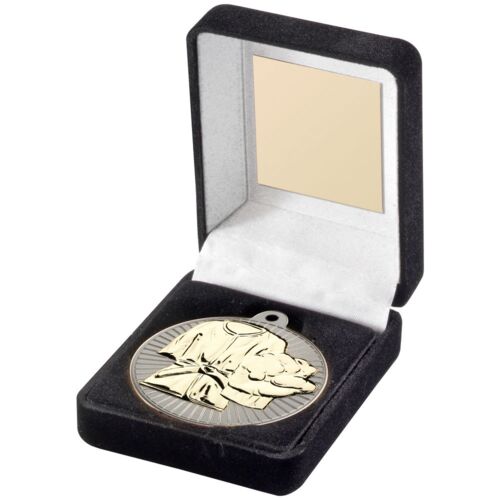 Black Velvet Box And 50Mm Martial Arts Medal Trophy - Matt Silver/Gold 3.5" Thumbnail