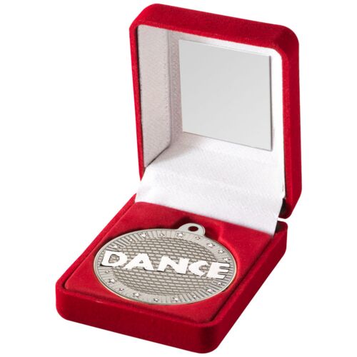 Red Velvet Box And 50Mm Dance Medal Trophy - Matt Silver/Silver 3.5" Thumbnail