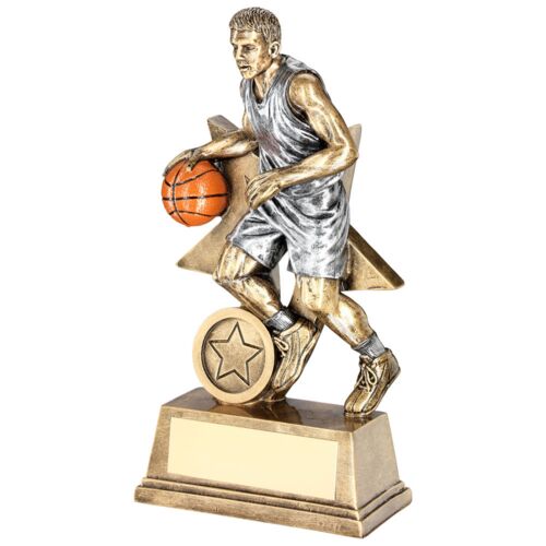 Bronze/Pew/Orange Male Basketball Figure With Star Back With Plate  - 6" Thumbnail