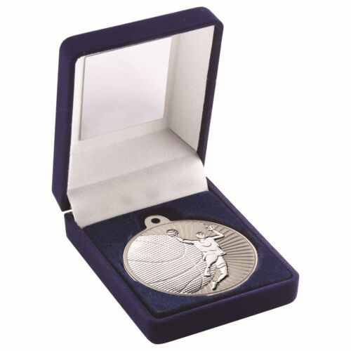 Blue Velvet Box And 50Mm Basketball Medal Trophy - Matt Silver/Silver 3.5" Thumbnail